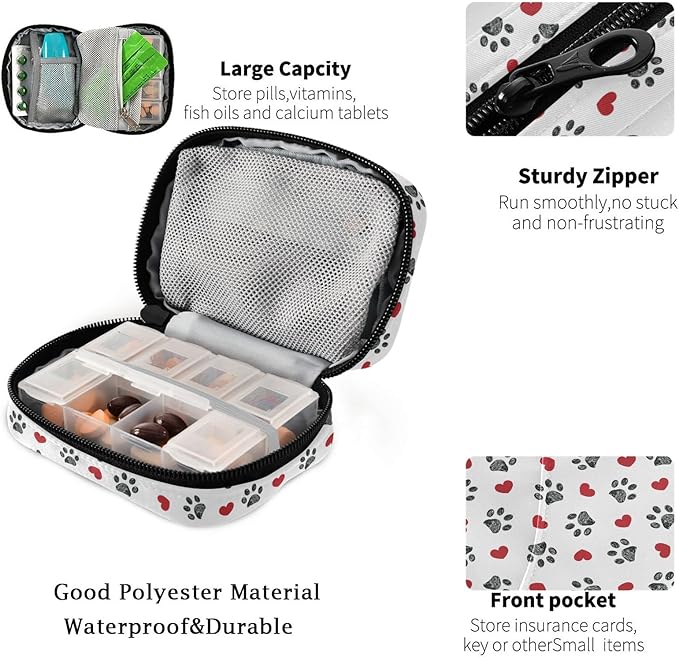 Fustylead Paw Print with Red Hearts Travel Pill Organizer Case Zipper for Purse with Removable Weekly Pill Box for Medicine, Vitamin, Supplement Medicine Organizer