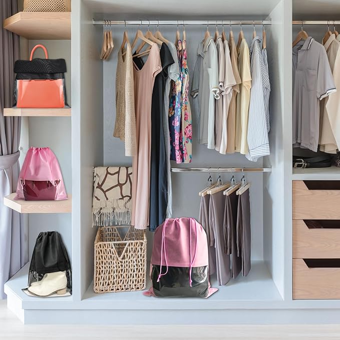 8PCS Dust Bags for Handbags Jumbo Travel Shoe Bags Purses Organizers Storage Bags with Rope Clear Window Dustproof Drawstring Bag Storage Pouch for Men and Women - Pink, 23.6 x 19.7 in