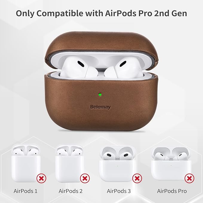 Belemay for AirPods Pro (2nd Generation) Case – Premium Crazy Horse Leather - Rich Patina- Secure Grip - Compatible with MagSafe and Wireless Charging - Compatible with Airpods Pro 2 Case - Brown