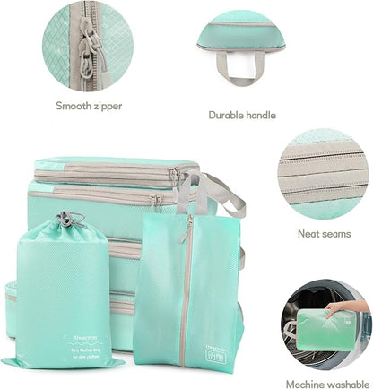 Compression Packing Cubes 6 Set, Dual Zipper Compression Packing Cubes for Travel, Space-Saving Packing Bags for Suitcases, packing cubes with shoe bag