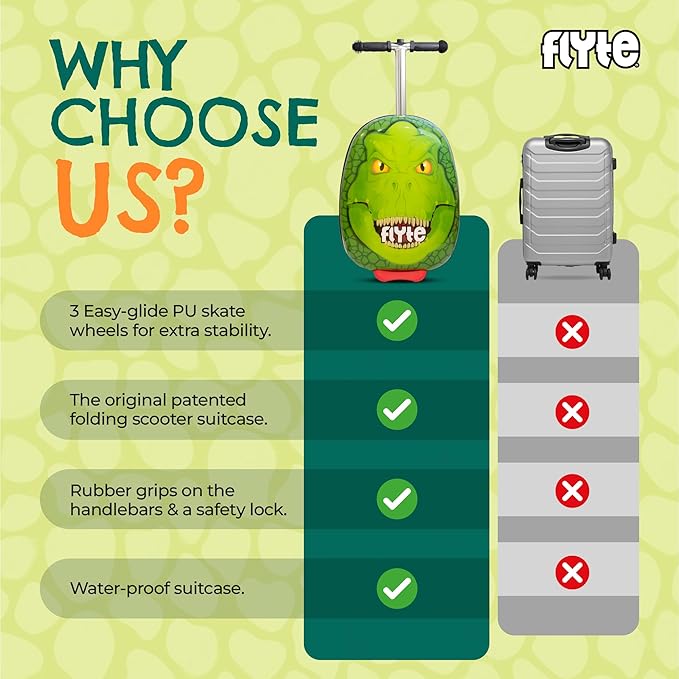 Flyte Darwin The Dino Scooter Suitcase - Rideable, Carry on Compliant 2-in-1 Children's Suitcases, 18 inch Ride on Suitcase for Kids, 25 Litre Capacity Kids' Luggage on Wheels for Children Aged 4+