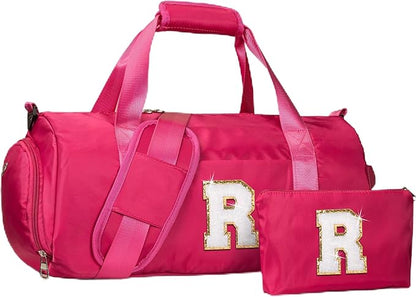 Gifts for Teenage Girl, Girls Travel Duffel Bag, Kids Initial Overnight Bags with Shoe Compartment, Customized Sport Gym Weekender Bag with Makeup Pouch, Cheer Gifts for Teens (Letter R)