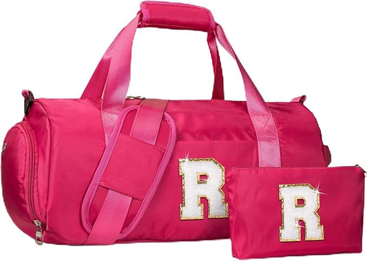 Gifts for Teenage Girl, Girls Travel Duffel Bag, Kids Initial Overnight Bags with Shoe Compartment, Customized Sport Gym Weekender Bag with Makeup Pouch, Cheer Gifts for Teens (Letter R)