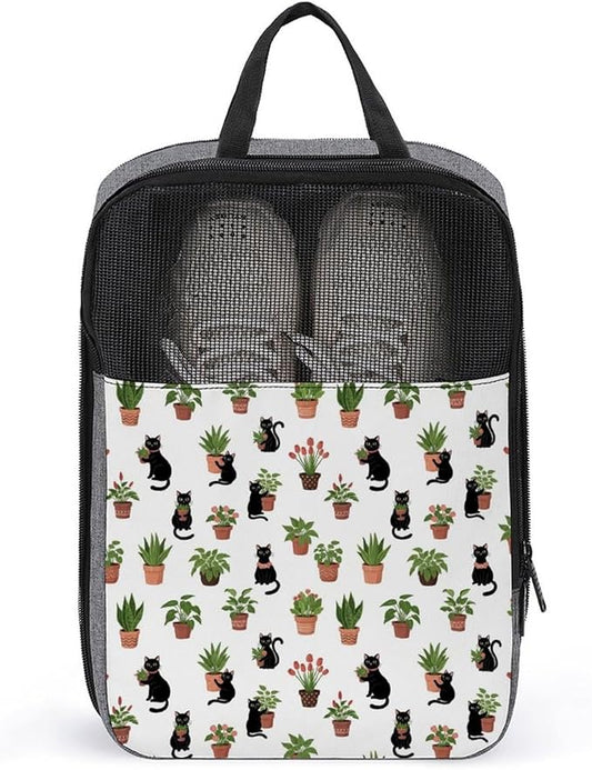 Portable Travel Shoe Packing Bag for Gym Dust-Proof Storage Shoe Travel Bag Funny Black Cat Plant Garden Reusable Sneaker Bags