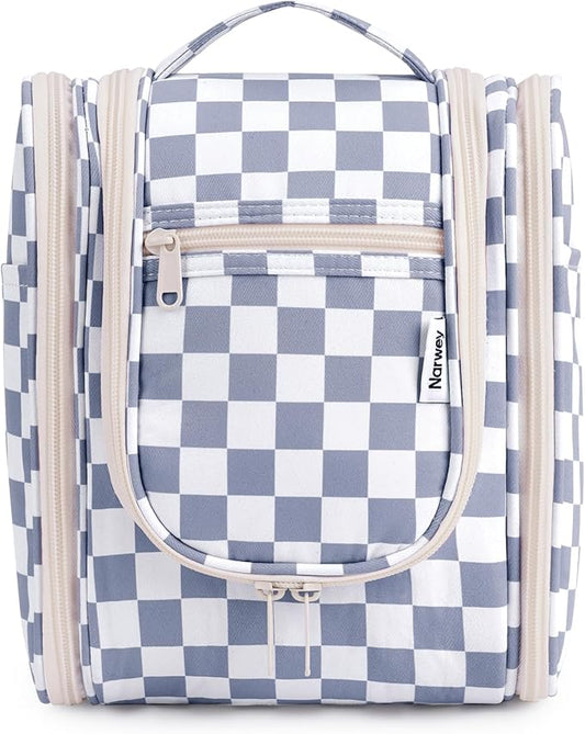 Narwey Small Checkered Hanging Travel Toiletry Bag for Women, Travel Bag for Toiletries, Makeup Bag Organizer Cosmetic Bags Make Up Bags for Women (Grayish Blue Checkerboard)
