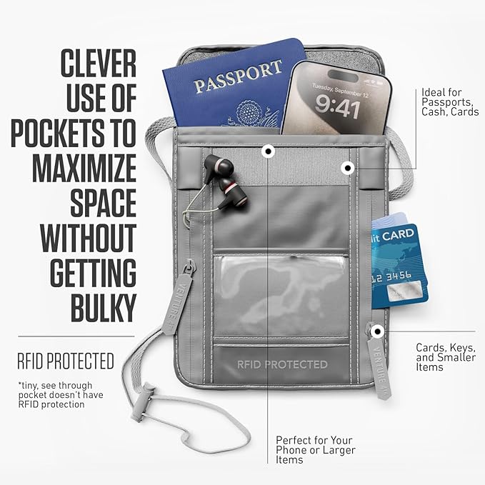 VENTURE 4TH Neck Wallet, RFID Blocking Passport Holder for Travel – Hidden Neck Pouch with 5 Compartments, Slim Lightweight Organizer with Adjustable Strap for Cash, Cards & Passport (Sleek Silver)
