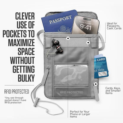 VENTURE 4TH Neck Wallet, RFID Blocking Passport Holder for Travel – Hidden Neck Pouch with 5 Compartments, Slim Lightweight Organizer with Adjustable Strap for Cash, Cards & Passport (Sleek Silver)