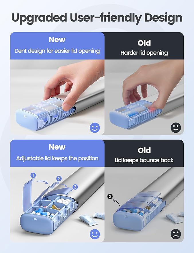 VAYDEER Metal Weekly Pill Organizer – Moisture-Proof Travel Pill Organizer with Built-in Desiccant Chamber and Airtight Lids – Large-Capacity Pill Box for Vitamins, Medicines & Supplements (Purple)
