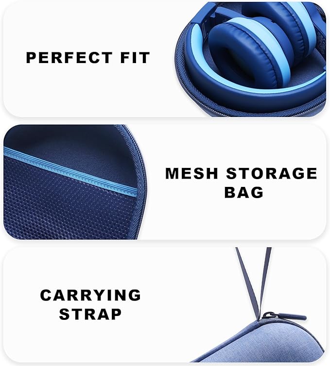 Kids Headphones Case Compatible with iClever BTH12 / BTH20/ BTH26/HS19, JoySpark, Candy Bila, EarFun, MIDOLA, IMYB Foldable Kids Headphones, Blue Travel Storage Bag(Case Only)