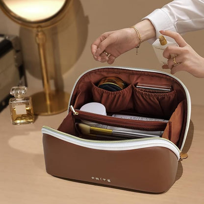 Prite Travel Cosmetic Bag Makeup Organizer Bag For Women Large Capacity Waterproof PU Leather Toiletry Bag with Handle and Clear Divider(Dark Brown)