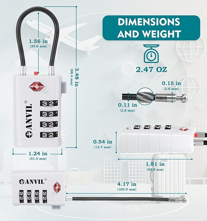 ANVIL 4 Digit Luggage Locks, TSA Locks for Luggage, Advanced TSA008 core, Alert Indicator for Your Travel Lock, Suitcase Lock.(4, White)