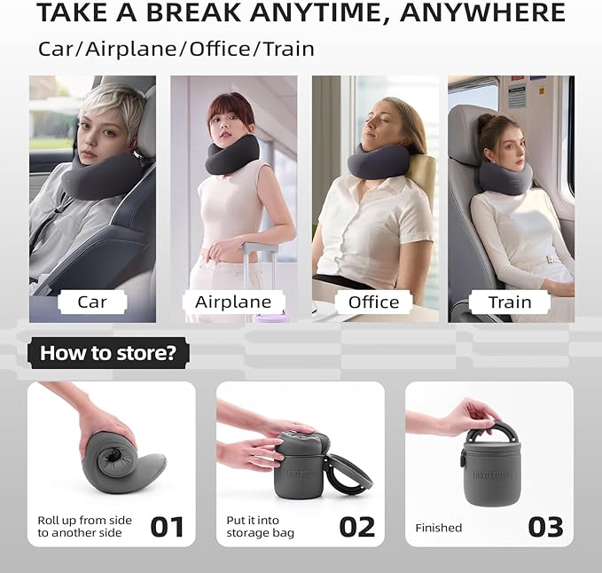 Travel Pillow - Memory Foam Neck Pillow Airplane, Neck Travel Airplane Pillow for Long Flight, Portable Travel Essentials, 360º Ergonomic Support, Machine Washable (Black)