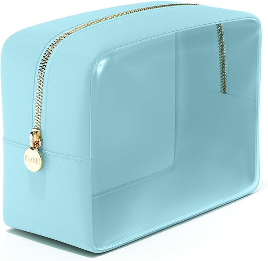 Embla London Makeup Bag Cosmetic Case, Clear Zipper Make Up Pouch and Toiletry Travel Tote, Cute Skincare Pouches for Women Girls, Preppy Purse Cosmetic Organizer, Large Makeup Bags, Cotton Candy