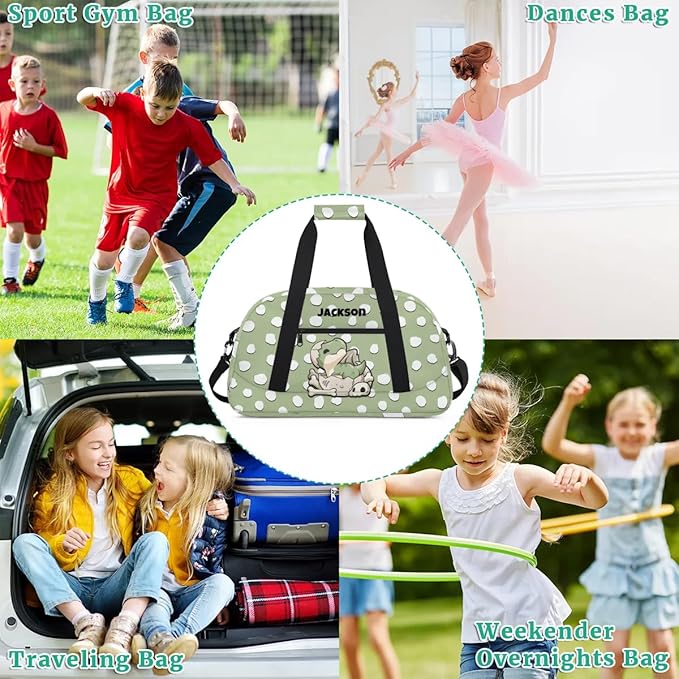 Personalized Duffel Bag for Kids Girls Boys, Dinosaur Spot Custom Name Gym Bag Overnight with Padded Handles Carry On Weekend Sports Travel Bag for School Practice Gymnastics Ballet
