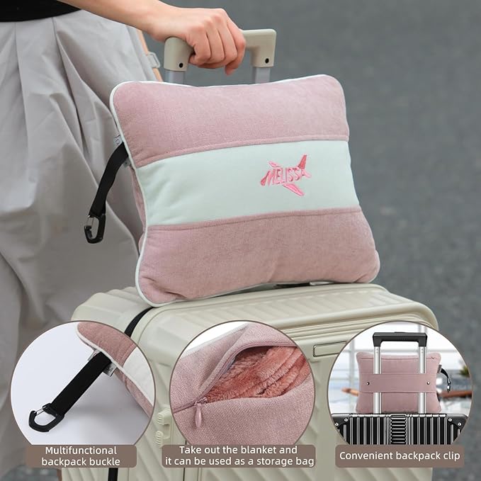 Melissa Large Travel Blanket and Inflatable Pillow Set - 69“ x 43.3” – Soft Blanket with Carry Bag – Lightweight, Compact & Washable for Backpacking, Hiking, Airplane, Car, Office, Camping (Pink)