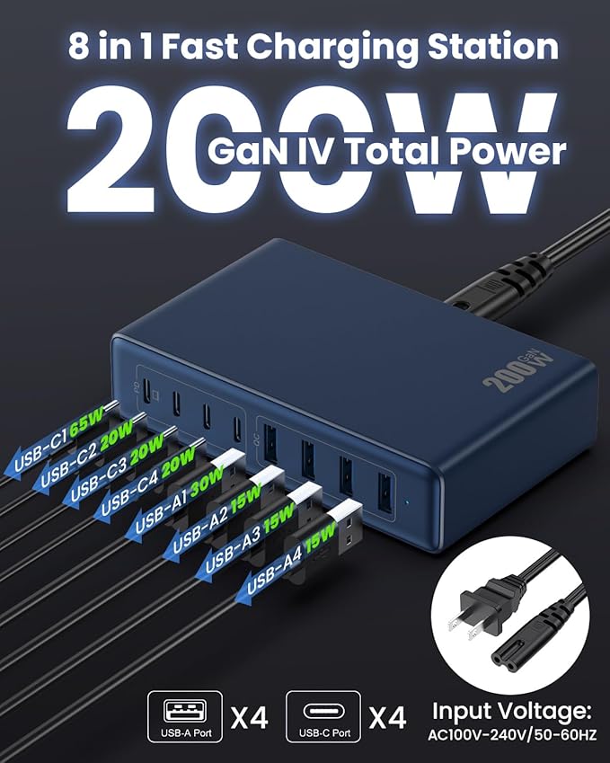 200W USB C Charger Block,GaN IV Charging Station 8 Ports,QC4.0 Fast Charging Station Hub+PD 65W USB C Laptop Charger Adapter Compatible with MacBook Air/Pro,DELL,iPhone 17/16,iPad,Steam Deck-Deep Blue