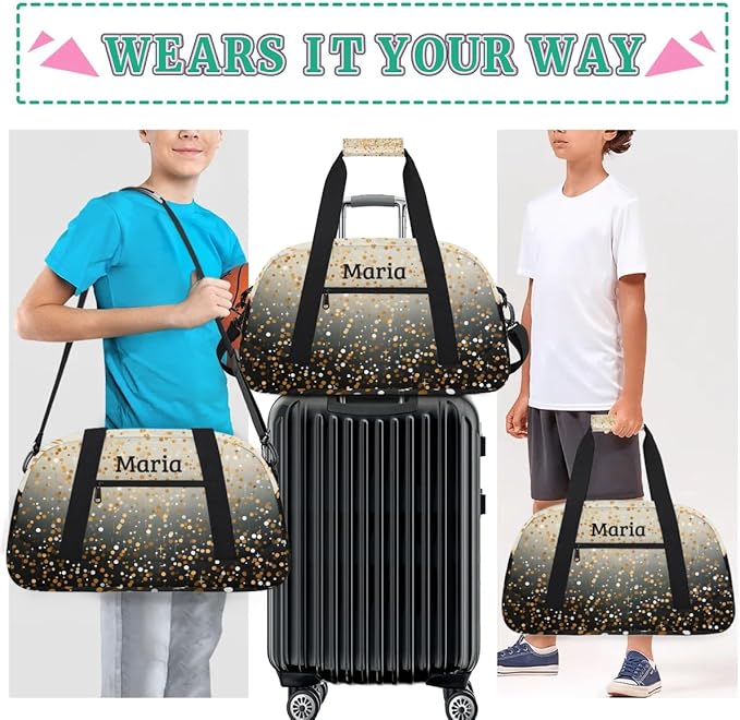 Personalized Kids Sports Duffel Bag with Name Custom Weekender Overnight Bag for Boys Girls Gym Bag Travel Dance Gymnastics Duffel Bag, Golden Glitter Black Shiny
