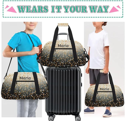 Personalized Kids Sports Duffel Bag with Name Custom Weekender Overnight Bag for Boys Girls Gym Bag Travel Dance Gymnastics Duffel Bag, Golden Glitter Black Shiny