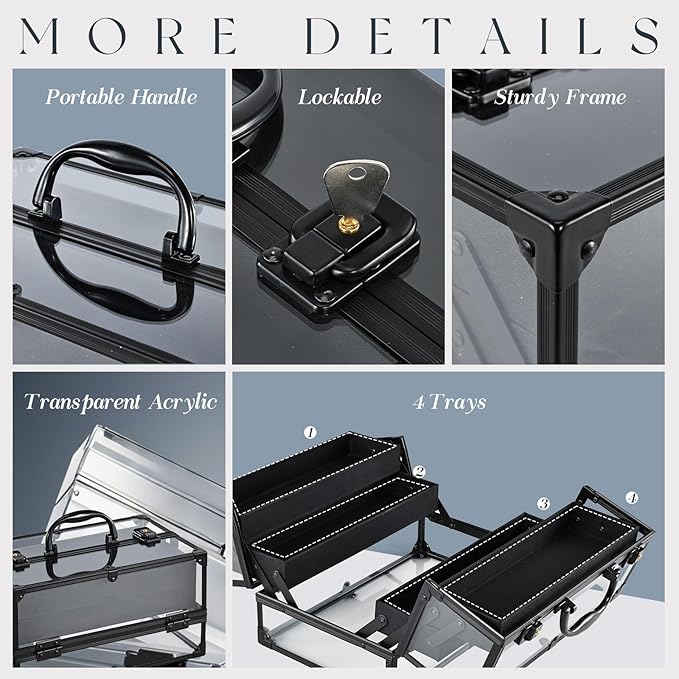 FRENESSA Portable Makeup Case Cosmetics Display Toiletry Organizer Box Transparent Acrylic Artists Train Case with 4 Trays Travel Makeup Tools Storage for Vanity Counter Dresser Organizer Black