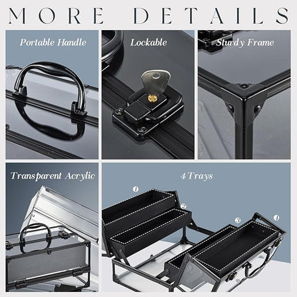 FRENESSA Portable Makeup Case Cosmetics Display Toiletry Organizer Box Transparent Acrylic Artists Train Case with 4 Trays Travel Makeup Tools Storage for Vanity Counter Dresser Organizer Black