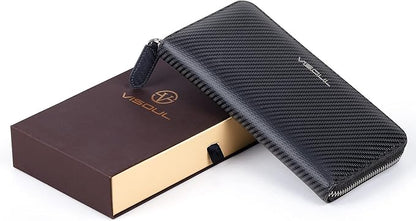 VISOUL Leather Long Zippered Pouch Wallet for Men with RFID Blocking Two-tone, Large Carbon Fiber Leather Clutch Cash Long Wallet with Zipper (Black+Tan)