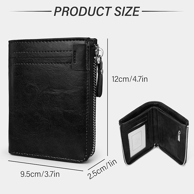 Minimalist Real Leather Wallet for Men with Zipper Card Holder and ID Window RFID Blocking Bifold Wallet (Black)