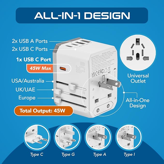 Ceptics 6-in-1 Universal Travel Adapter with 2X USB-A and 3X USB-C, 45W for Global Use, Compatible with US, EU, UK & More, White