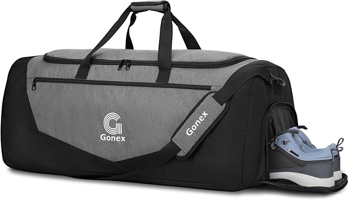 Gonex Gym Duffel Bag with Shoe Compartment Wet Pocket, Large Capacity Sports Duffle Bag for Men Women, Workout & Travel Bag with Multiple Pockets, Black/Gray, Large (100L)