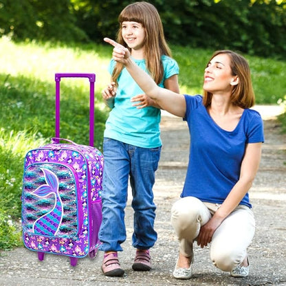 AGSDON Kids Suitcase for Girls, Cute Mermaid Rolling Luggage Wheels for Children Toddler