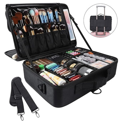 gzcz Large Capacity Travel Makeup Train Case,Professional Cosmetic Bags for Women,Portable Makeup Brush Bag Organizer Storage with Adjustable Dividers and Shoulder Strap