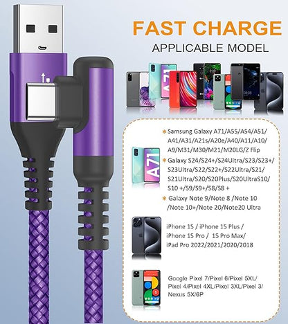 sweguard USB C Cable Right Angle [3Pack, 10FT+6.6FT+3.3FT], 3.1A Fast Charger Cable Nylon Braided Cord for iPhone 17 16 15 Pro Max Plus iPhone Air, Samsung Galaxy S25 S24 S23 S22 S21 Note 20 10,Moto