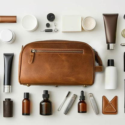 LEATHER VILLAGE Premium Leather Toiletry Travel Pouch With Waterproof Lining - Sun Tan | King-Size Handcrafted Vintage Dopp Kit Bag, Shaving & Bathroom Organizer, Gift for Men & Women