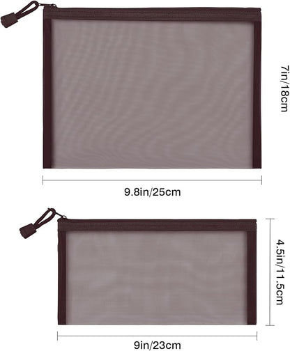 12 Pieces Zipper Nylon Mesh Pouch, Mesh Cosmetic Bags Makeup Bags Pencil Case, Multipurpose Travel Bags for Cosmetic School Office Supplies and Travel Accessories (Coffee, A5+B6)