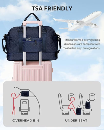 Gifts for Girls - Personalized Initial Duffle Bag with Shoe Compartment, Weekender Travel Bag, Makeup Bag, Navy Blue, 12x7x2 inches