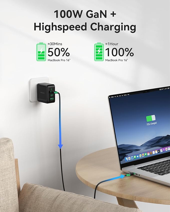 100W USB C Charger, 3-Port GaN+ USB C Charging Block, Foldable and Compact Fast Wall Charger Power Adapter for MacBook Pro/Air, iPad Pro, iPhone 17/16, Dell XPS, Galaxy S25/S24, and More