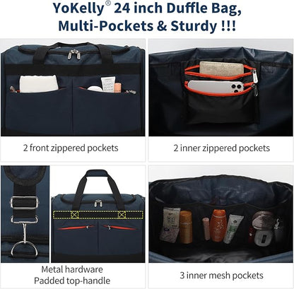 24 inch Large Gym Bag for Men - 65L Hard Bottom Duffle Bag with Shoes Compartment for Sport/Travel - Navy Blue