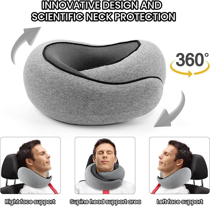 Travel Neck Pillows for Airplanes, 360° Head Support Sleep for Long Flight, Skin-Friendly & Breathable, Kit with 3D Contoured Eye Mask and Earplugs, 100% Pure Memory Foam Full Neck Surround Pillows