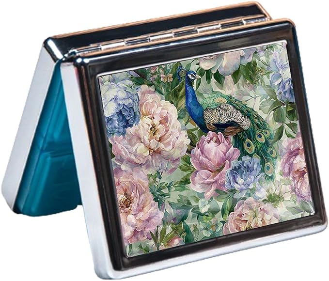 7 Days Chromed Shiny Silver Pill Organizer with Mirror Inside Has 8 Separate Compartments Rectangle,Versatile Storage for Medication - Ideal Travel Accessory (Painted Peacock)