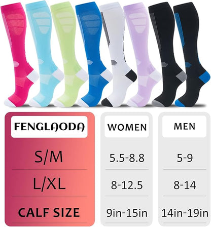 fenglaoda Compression Socks Women Men 6 Pairs, Knee High Best Support Circulation Socks for Running, Travel, Flight, Nurse