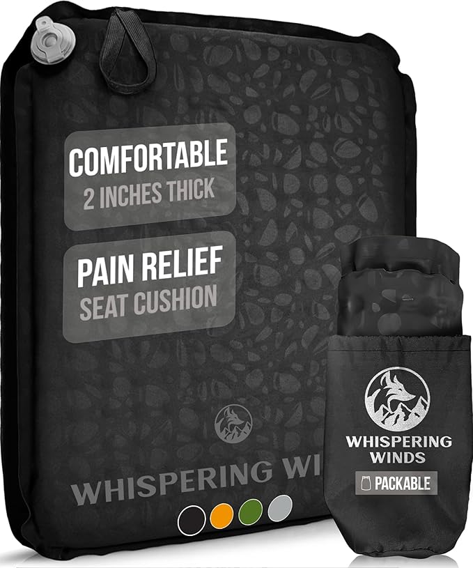 Whispering Winds Inflatable Seat Cushion - Comfortable Blow-up Foam Pad for Airplane, Travel, Stadium, Outdoors, Camping, Car & More