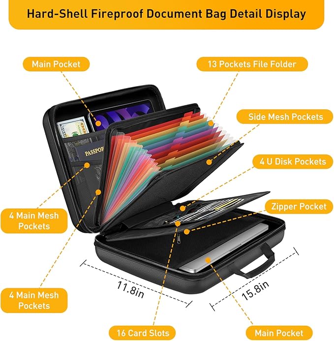 Fireproof Document Organizer with Lock, File Organizer Safe Box Fireproof Waterproof, Hard Shell Fire Proof Document Bag with 13 Pocket Accordion File Folders, Home Storage Office Organization