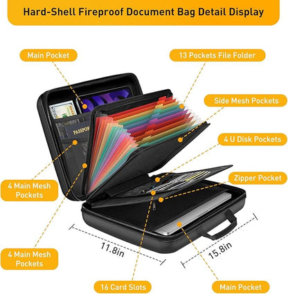 Fireproof Document Organizer with Lock, File Organizer Safe Box Fireproof Waterproof, Hard Shell Fire Proof Document Bag with 13 Pocket Accordion File Folders, Home Storage Office Organization