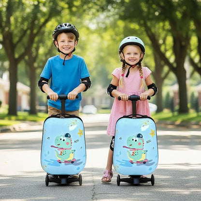 smilesun 4-in-1 Detachable Scooter Luggage for Kids & Teens, Hardside Ride-On Suitcase with Dinosaur Design, Lightweight Foldable, Perfect Travel Gift for Boys(Light Blue 22-inch)
