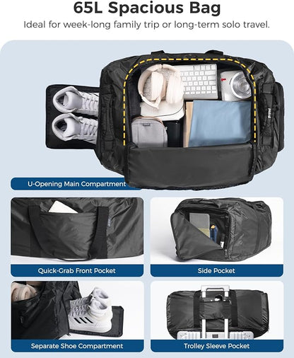 pack all 65L Foldable Travel Duffel Bag, Packable Weekender Bag with Shoe Compartment, Water-Resistant Gym Bag with Adjustable Strap for Overnight, Sports and Camping (Black)