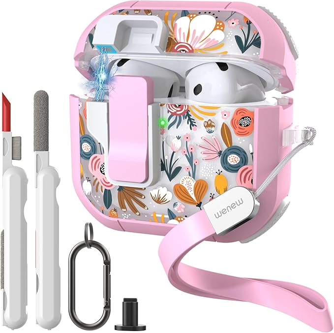 WENEW Case for AirPods 4th Case Cover Secure Lock Automatic Snap Switch Clip Cleaner Kit Lanyard Women Stylish Flower Armour Hard Shell Full Body Front LED Visible (Pink Flower, AirPods 4th)