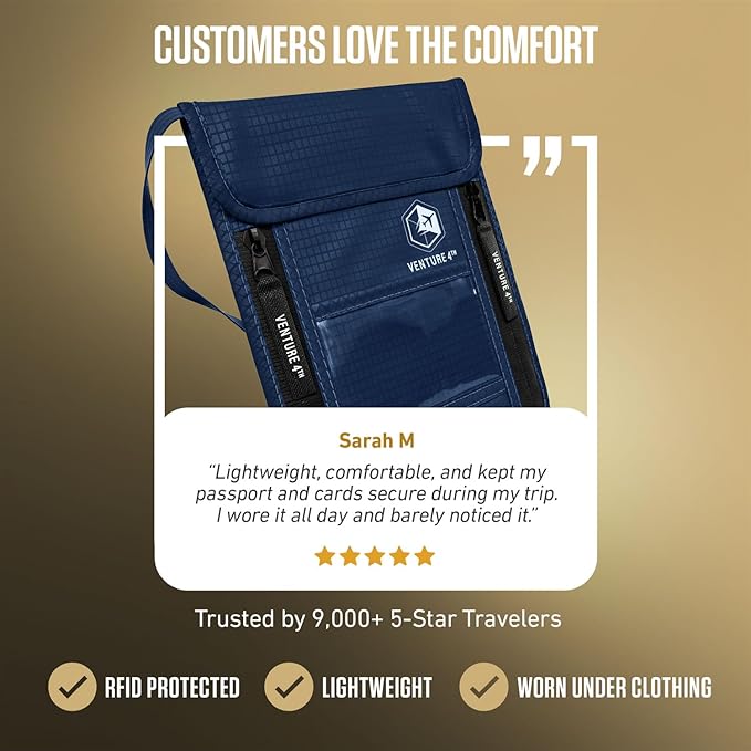 VENTURE 4TH Neck Wallet, RFID Blocking Passport Holder for Travel – Hidden Neck Pouch with 6 Compartments, Slim Lightweight Organizer with Adjustable Strap for Cash, Cards & Passport (Navy Blue)