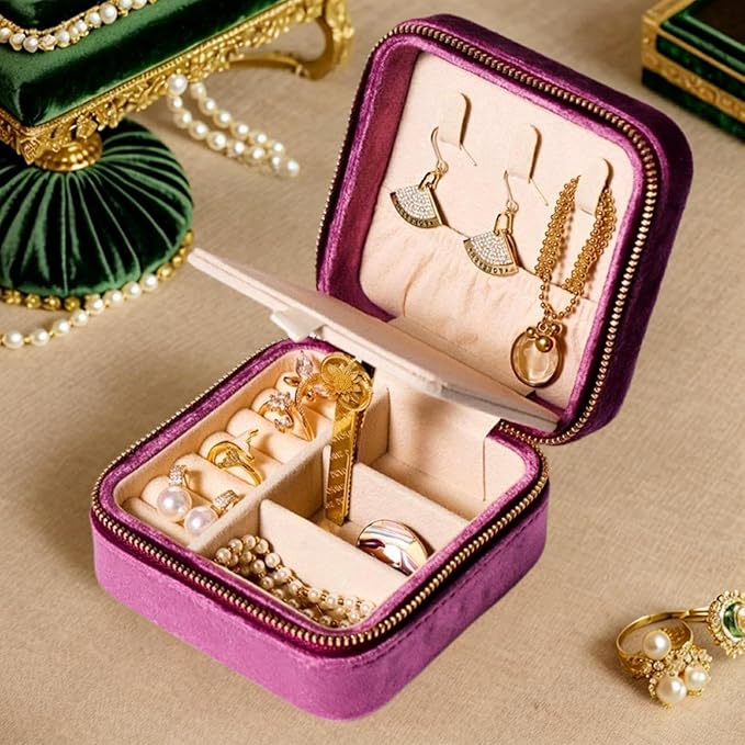 Velvet Jewelry Box, Small Travel Jewelry Organizer, Portable Jewelry Case for Women with Mirror, Lilac Mini Plush Travel Box