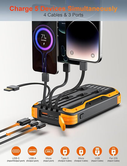 Solar Power Bank 40000mAh, Portable Charger PD 20W Fast Charging Solar Charger Power Bank Built in 4 Cables and USB-C in/Output, Camping Essentials External Battery Pack with Flashlights