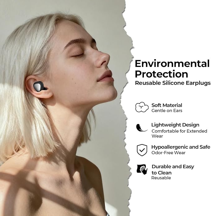 Ear Plugs for Sleeping, 45dB Noise Reduction Reusable Earplugs for Snoring, Travel, Work & Concerts, Hearing Protection with 8-Size (XS-L) Ear Tips - Black