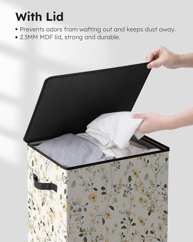 SOLEDI Laundry Hamper with Lid, 90L Tall & Large Floral Laundry Basket, Collapsible Clothes Hamper with Removable Bag, Dirty Hampers for Bedroom, Bathroom, Laundry Room